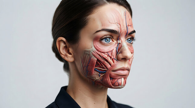 Woman with special effects makeup showing facial muscle anatomy on her cheek