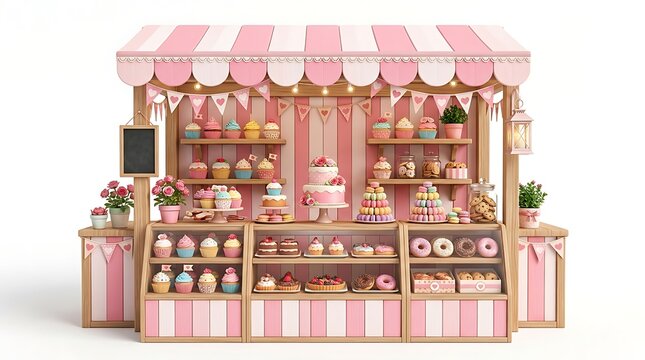 Pink wooden bakery stall with cupcakes and cakes for party catering or dessert shop display