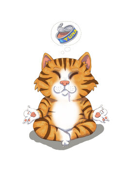Relaxed orange tiger cat in yoga meditation with thought bubble of tuna fish can