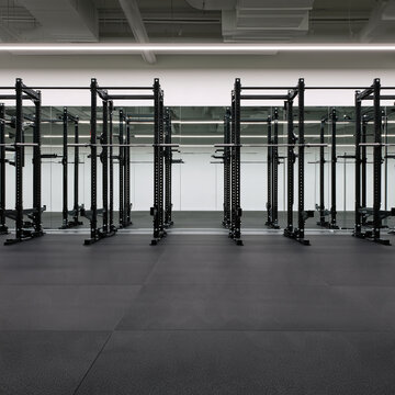 Empty gym interior with a row of steel squat racks and a mirrored wall
