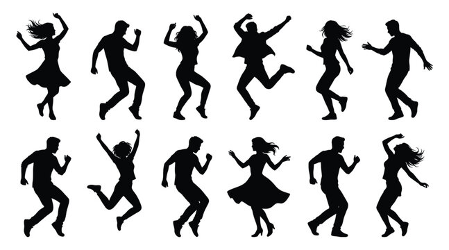 Set of silhouettes of people dancing and jumping