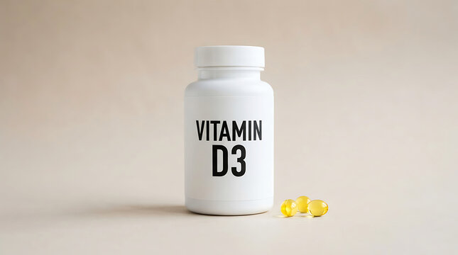 White plastic bottle of vitamin d3 supplements with yellow gel capsules nearby