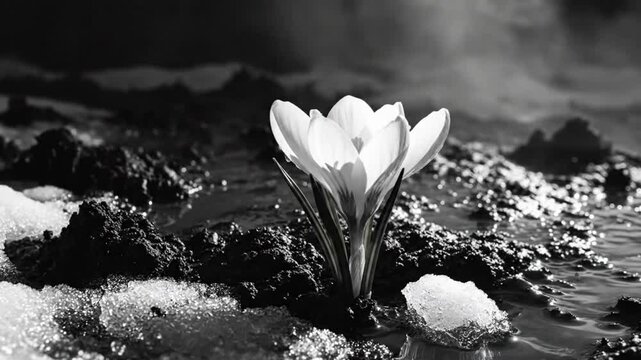 Black and white time-lapse of crocus flower blooming in spring, melting snow, dark dramatic nature background.