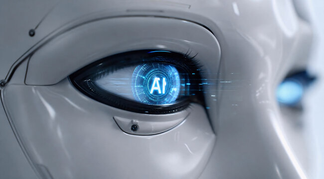 Close-Up of Humanoid Robot Face with Glowing AI Text in Eyes