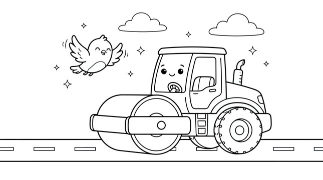 Cute cartoon road roller vehicle for kids coloring page with a happy little bird and fluffy clouds