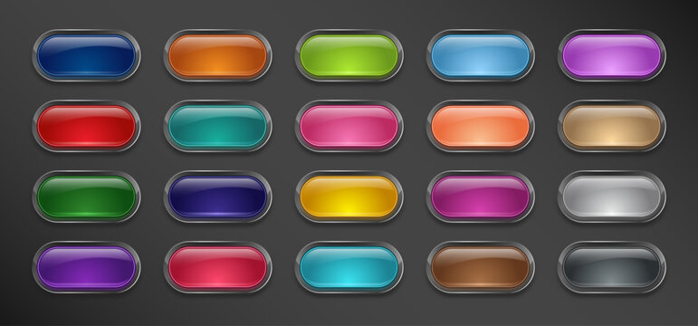 3D Glowing UI Buttons Set with Glass Border and Glossy Finish, Editable AI file
