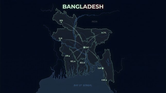 Digital Futuristic Map of Bangladesh Highlighting Major Airports and Flight Route Networks on Dark Background