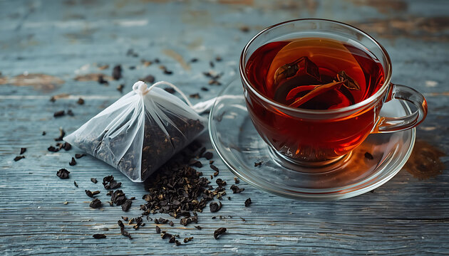 This image shows a freshly brewed cup of black tea next to a pyramid tea bag and loose tea leaves on a rustic wooden table