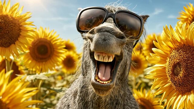 Happy donkey wearing sunglasses smiles and laughs joyfully bright sunflower field clear blue sky with warm summer sunlight