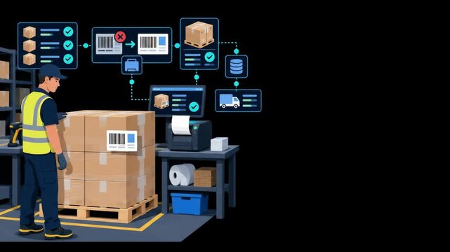 Warehouse worker scanning barcodes on stacked cardboard boxes and