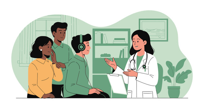 Doctor consulting with patient wearing headphones, family present