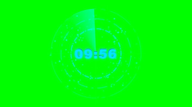 Premium sci-fi countdown interface featuring a rotating 3D holographic digital timer, radar sweep animation, energy particles, and greenscreen background for gaming and cinematic productions.