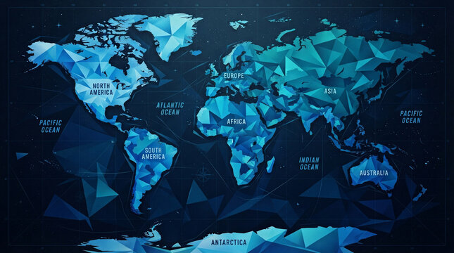 Polygonal world map with geometric continents global network