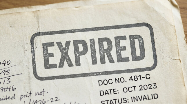 Expired stamp on aged paper document administrative record validation