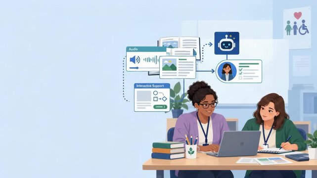 Two women collaborating on a laptop with AI educational content