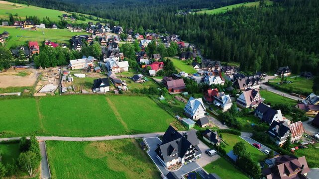 Aerial drone view of mountain village in summer Poland