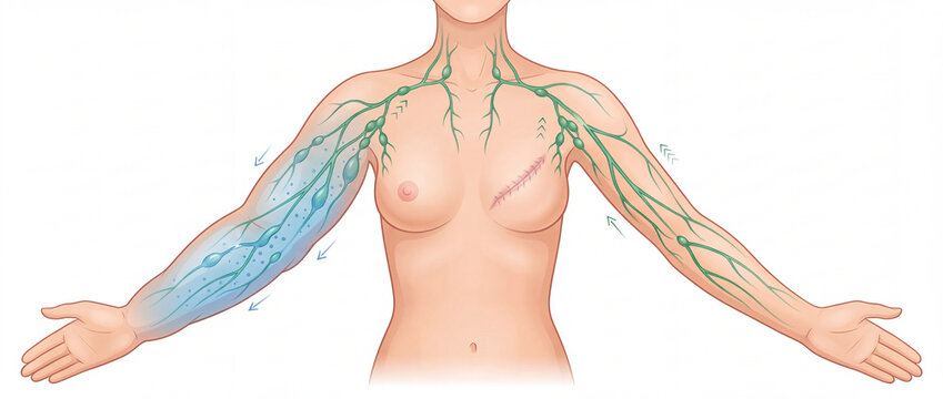 Lymphedema arm after mastectomy medical illustration showing swollen limb with fluid retention, green lymphatic vessels, and surgical scar for oncology patient education
