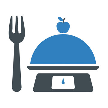 Minimal flat icons featuring a fork serving plate apple and kitchen scale for meal planning and dieting healthy nutrition tracking concept