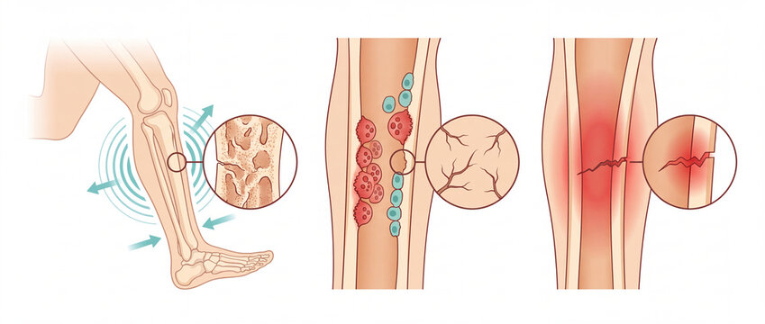 Stress fracture development in lower leg illustration showing impact forces, bone remodeling cells, microcracks, and cortical trauma for sports medicine and orthopedic education