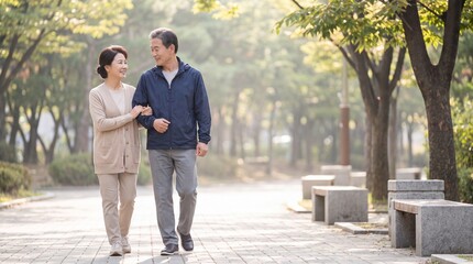 Fototapeta premium Active Senior Couple Enjoying a Morning Walk in the Park