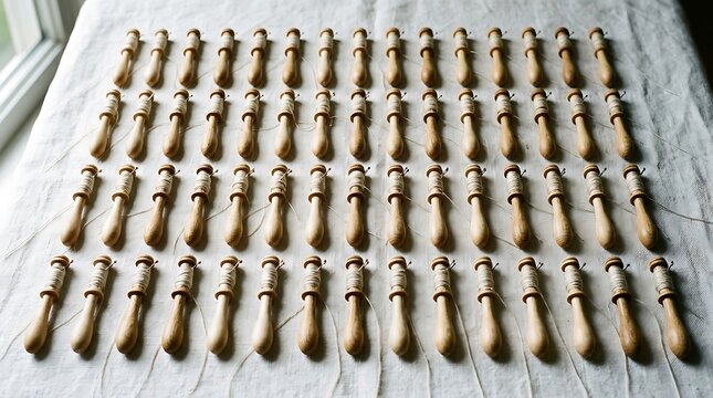 Rows of wooden lace making bobbins with white thread on linen cloth