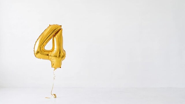 Large gold number four helium balloon floating against a clean white background with generous copy space, ideal for fourth birthday, anniversary, milestone and celebration concepts.