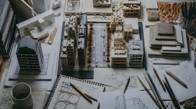 Architectural model building design process creative studio desk overhead view