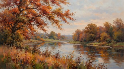Obraz premium Tranquil autumn landscape with colorful trees reflected in a calm lake surface