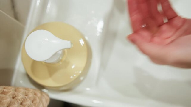 Top-down close-up shows hands performing handwashing routine, one hand pressing beige liquid soap dispenser while other palm receives soap over white ceramic sink, soft diffuse lighting, clean