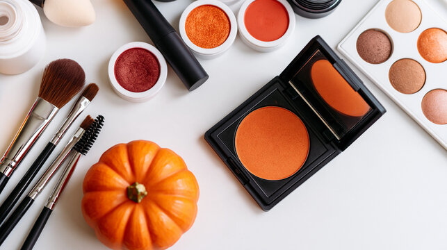 Aerial top down flat lay of halloween makeup and a small pumpkin decoration on a bright clean table surface organized festive composition vivid color palette bright natural