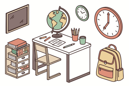 Detailed editable vector collection featuring classroom desk, chair, globe, books, pencil holder, wall clock, blackboard, chalk, ruler, backpack, and learning accessories.