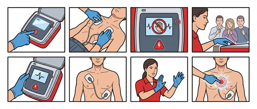 Defibrillator emergency first aid guide illustrated in step by step comic panels showing electrode placement, heart rhythm analysis, and shock delivery for medical training posters