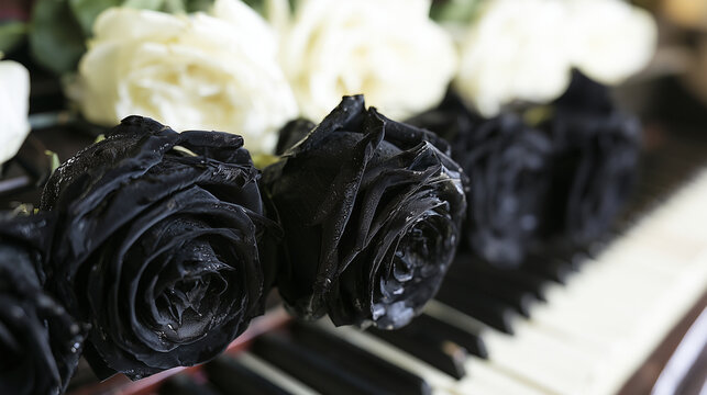 Low-angle macro view of velvety black roses arranged along a piano keyboard with contrasting white blossoms fading softly into the background, droplets on petals and keys emphasizi