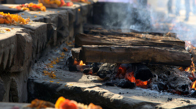 Low-angle documentary view of smoldering wood and ash on a traditional Hindu funeral pyre, small flames glowing beneath blackened logs while incense-like smoke drifts above marigol