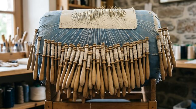 Traditional bobbin lace making with wooden tools on blue pillow