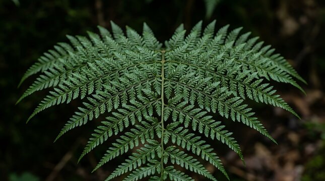 Green fern leaf spreading in a dark tropical forest