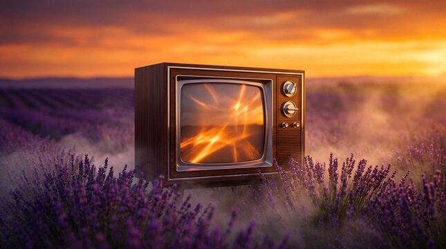 A surreal vintage TV in a lavender field with fiery tentacles and butterfly lamps