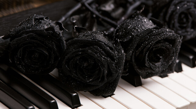 Close-up of black roses covered with delicate water droplets resting across the white and black keys of a piano, monochrome floral arrangement creating a solemn musical memorial at