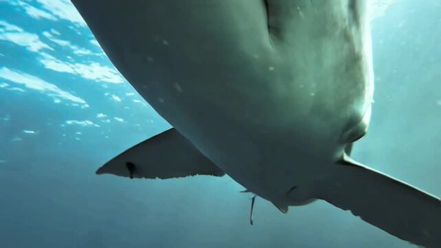 Shark swimming into and over lense / Underwater shot / Blue Shark