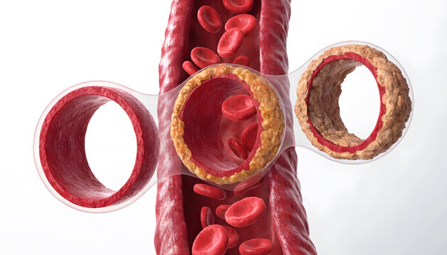 Cross section of normal artery versus advanced atherosclerosis blockage. Cholesterol plaque accumulation and cardiovascular risk. Medical cutaway demonstrating vascular narrowing