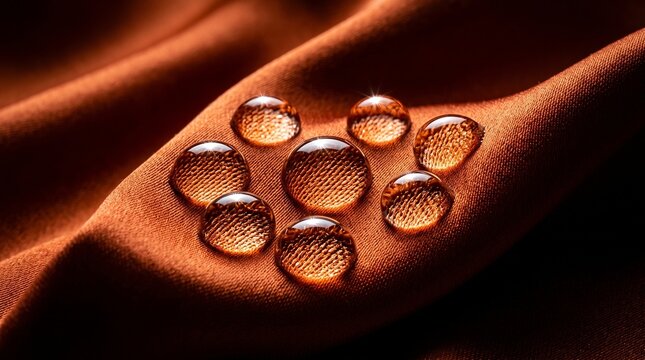 water droplets on smooth glossy silk fabric macro close up
