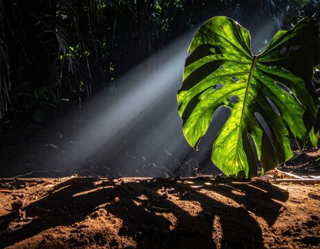 Monstera leaf illuminated by light rays in woods.