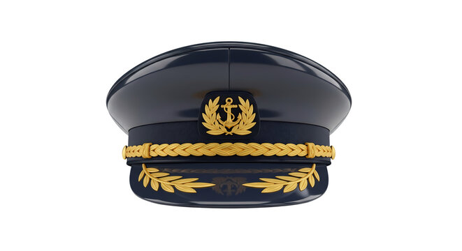 Professional navy captain peaked hat with golden anchor emblem and decorative braid trim isolated on white