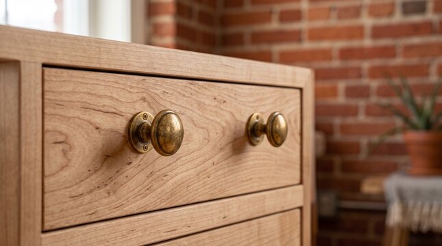 Close-up of brass knobs on a wooden dresser drawer
