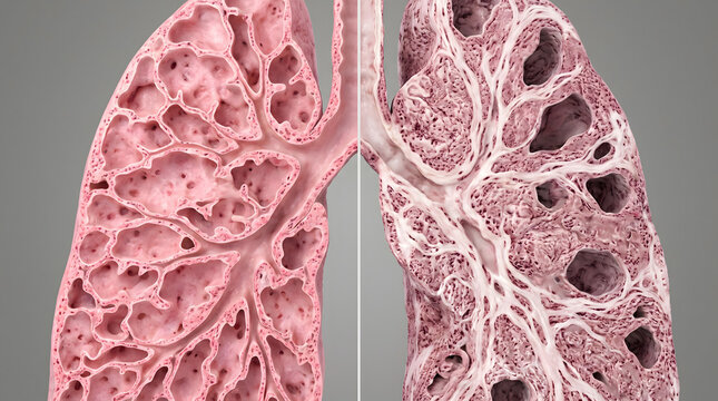 3D Medical Illustration Comparing Healthy Lung and Pulmonary Fibrosis Anatomy