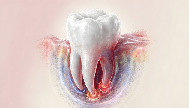 Cross section of inflamed molar roots inside alveolar bone and gums. Dental pulp infection and periodontal inflammation. Illustration depicting pain signals originating from root tips