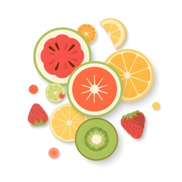 Fresh fruit slices vector illustration with watermelon, lemon, orange, kiwi and strawberry