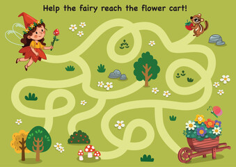 Naklejka premium Woodland Fairy Maze – Help the Fairy Reach the Flower Cart