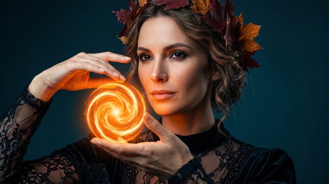 powerful witch casting glowing magical energy threads on blue background