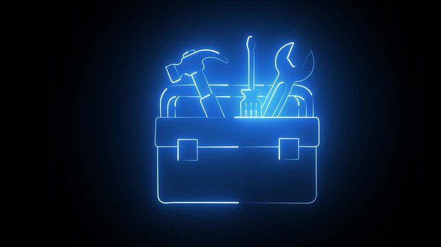Glowing blue neon toolbox icon with hammer screwdriver and wrench on a dark black background